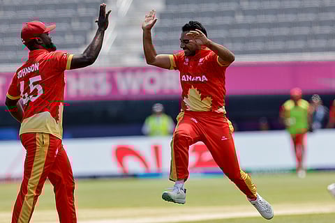 Saad Zafar celebrates Ireland's Harry Tector's wicket